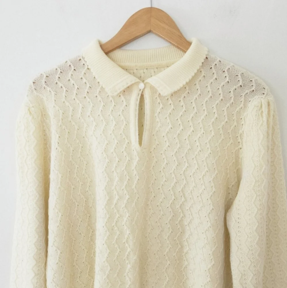 Vintage Inspured Retro Academia Office Cream Zig Zag Knit Wide Sleeve Sweater XL